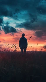 Silhouetted figure contemplates vivid teal and orange sunset sky.