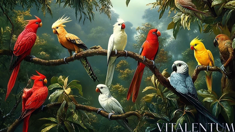 Colorful parrots on branches in lush jungle, digital art style.