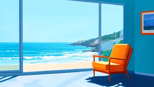 Digital painting of modern coastal lounge with ocean panorama.