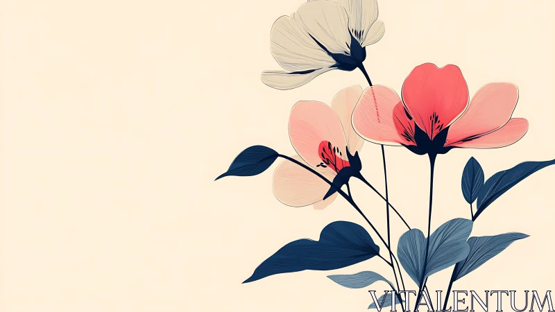 Minimalist vector bouquet uses flat tones and fine linear hatching