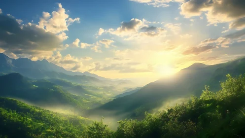 Sunlit mountain valley with layered hills and distant haze.