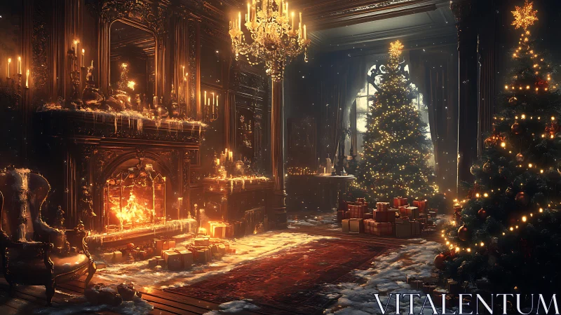 Baroque Christmas interior with dual trees, icy hearth and dense bokeh lighting