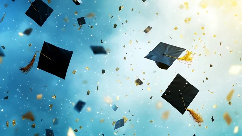 Graduation caps soaring amid golden confetti celebration.