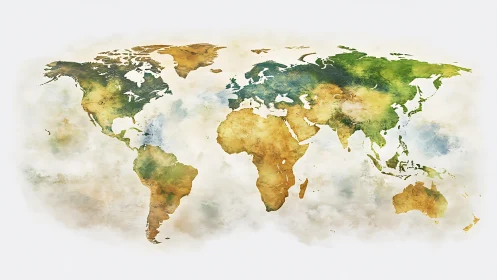 Watercolor world map in soft green, gold and blue tones.