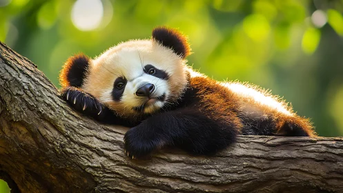 Red panda resting on tree branch in soft daylight.