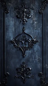 Baroque black wall panel with ornate symmetrical flourishes.