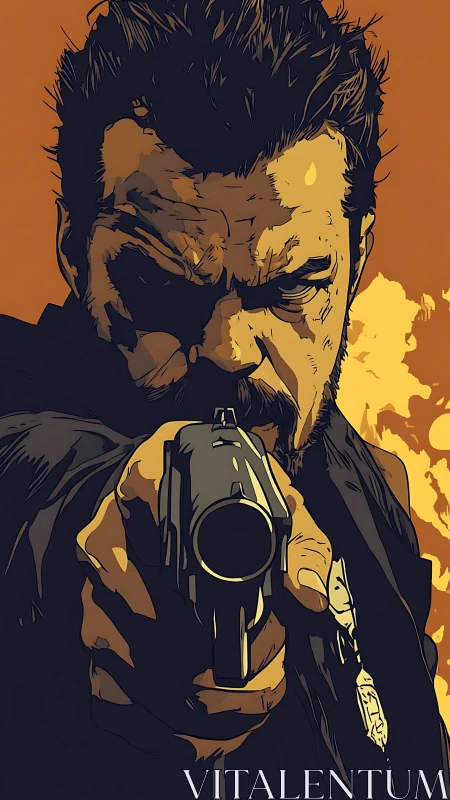 Hard-edged vigilante portrait with gunpoint perspective.