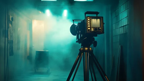 Vintage studio camera in teal cinematic smoke corridor.