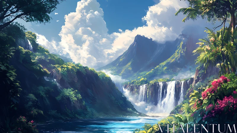 Digital landscape shows tropical waterfalls and distant peaks