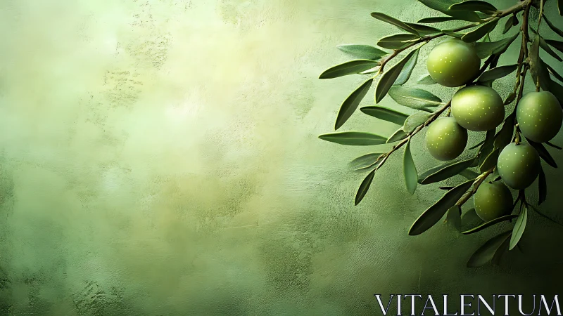 Olive tree branch with unripe fruit on textured green wall