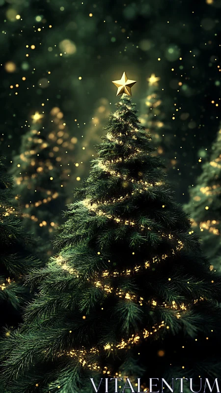 Glowing Christmas tree with star under soft golden lights.