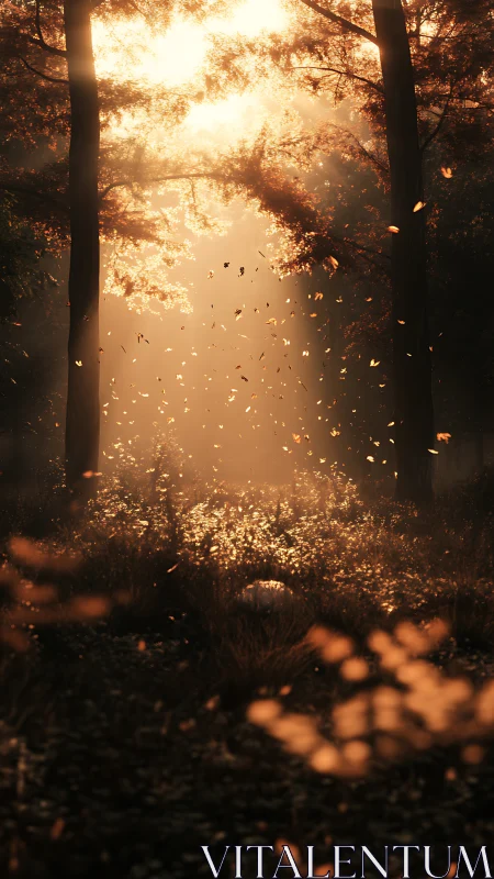 Sunlit autumn grove where drifting leaves sketch quiet magic.