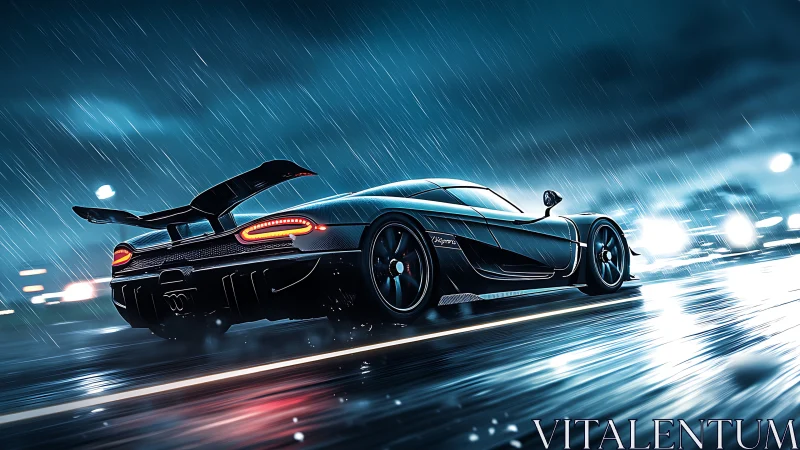 Hypercar slices through neon rain on a slick city roadway.