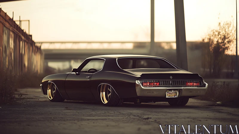 Low-slung muscle car prowls through golden industrial dusk.