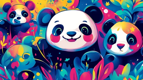 Playful rainbow pandas exploring a neon dream forest.