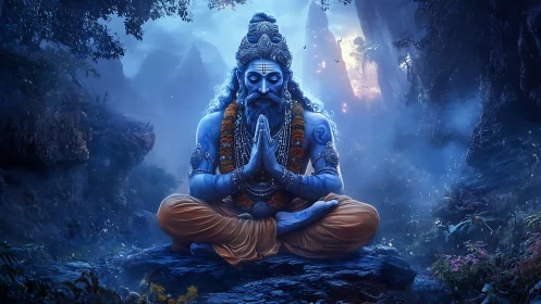 Blue meditating deity radiates calm within misty canyon