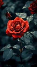 Red Rose Bloom with Bud Against Teal Foliage.