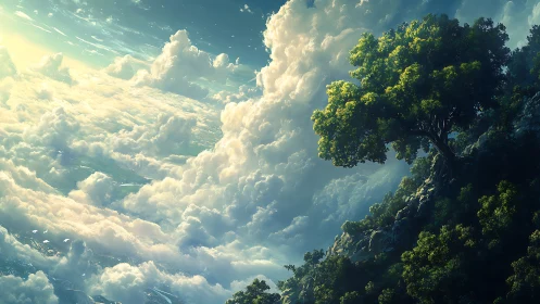 Solitary cliffside tree above sunlit ocean of clouds.