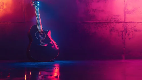 Black acoustic guitar under neon pink and blue studio light.