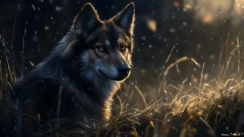 Low-key lit wolf portrait with rim lighting in dusk meadow