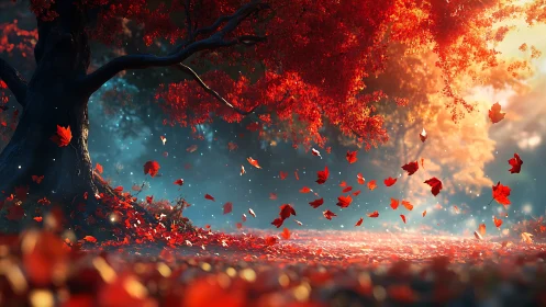 Red maple tree sheds leaves into glowing autumn light