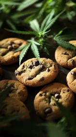 Cannabis chocolate chip cookies rest among fresh green leaves