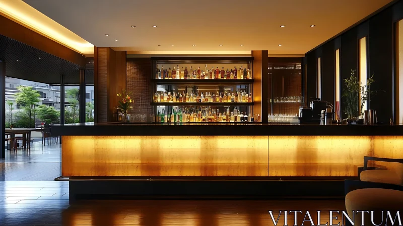 Contemporary lounge bar with backlit counter and linear shelving.