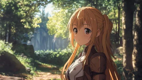 Anime-style blonde girl standing in a sunlit forest path.