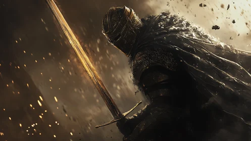 Armored swordsman in dark environment with drifting debris.