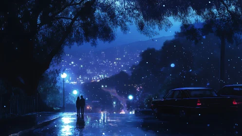 Moonlit city overlook with couple on rainy hillside street.