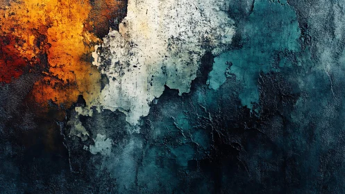 Abstract textured wall with vibrant orange, white, and blue hues.