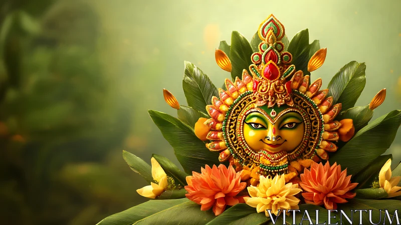 Decorative sun deity face with floral and leaf arrangement.