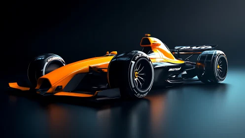 Orange single-seater racing car on dark reflective surface.