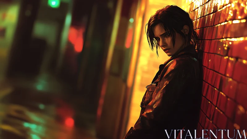 Rain slick alley portrait under neon sodium vapor lighting