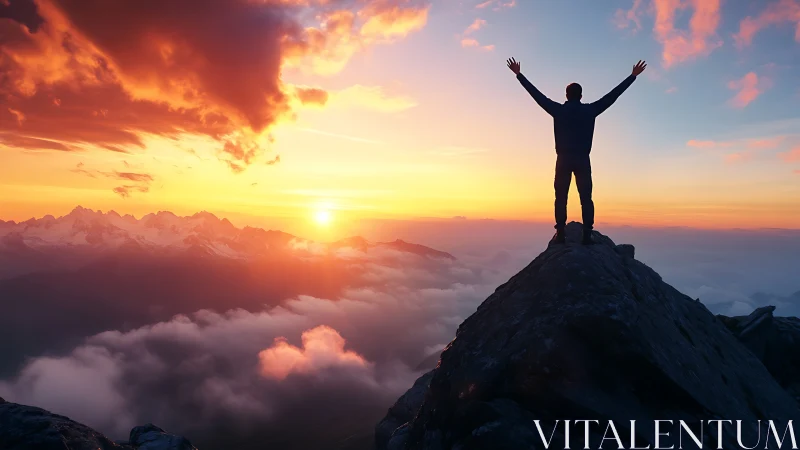 Silhouette on mountain peak under blazing cloud-washed sunrise.