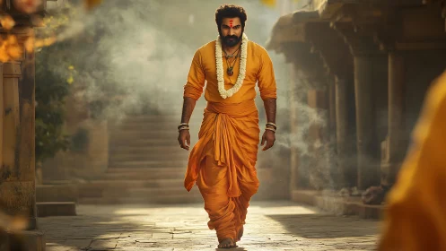 Holy man in saffron robes walking through misty street.