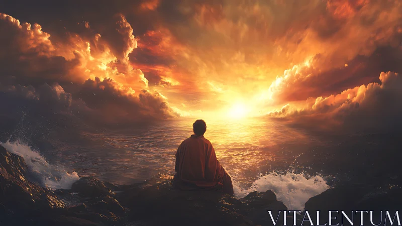 Solitary figure studies turbulent ocean horizon under radiant sky