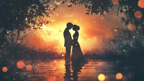 Silhouetted Couple Embracing at Sunset Over Reflective Water.