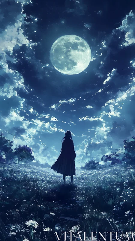 Lone cloaked figure under luminous full moon sky.