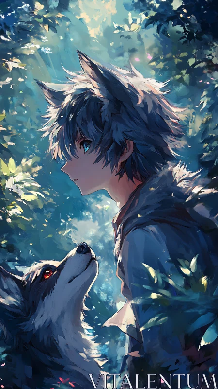 Wolf-eared boy and loyal wolf companion in forest light.
