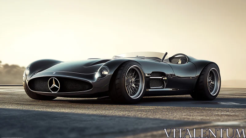 Low black Mercedes roadster with retro racing design.