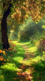 Sunlit forest path with glowing foliage and wildflowers.