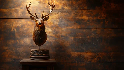 Stag bust sculpture glows against rustic burnt wood wall.