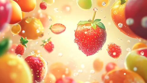 Suspended mixed fruits with water droplets in soft light.