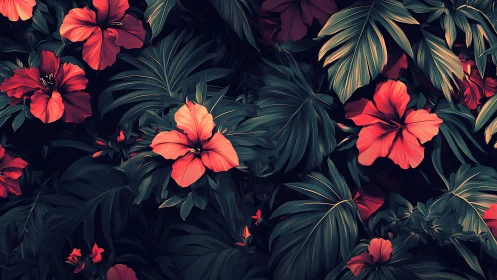 Vibrant Hibiscus Flowers Against Dark Foliage.