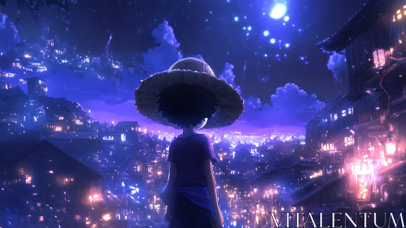 Boy in straw hat overlooks luminous night cityscape