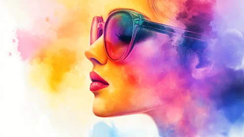 Dreamy woman in colorful sunglasses bathed in soft light.