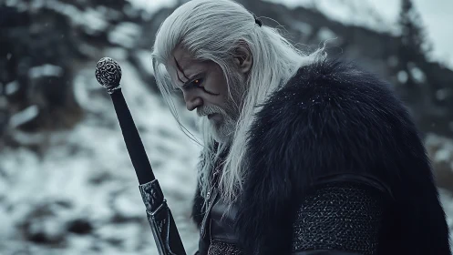 White-haired warrior in winter gear stands in snowy terrain