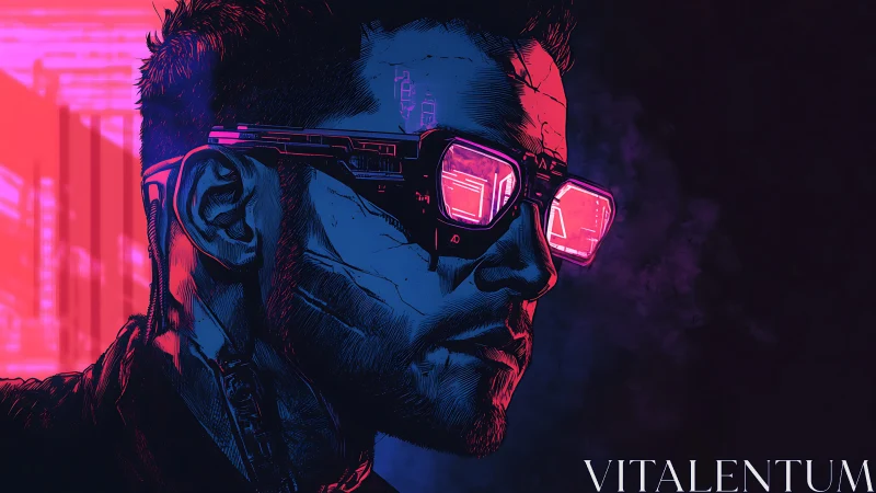 Cybernetic male portrait with neon visor in profile view.