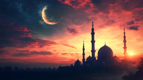 Fantasy crescent moons above glowing mosque skyline at dusk.